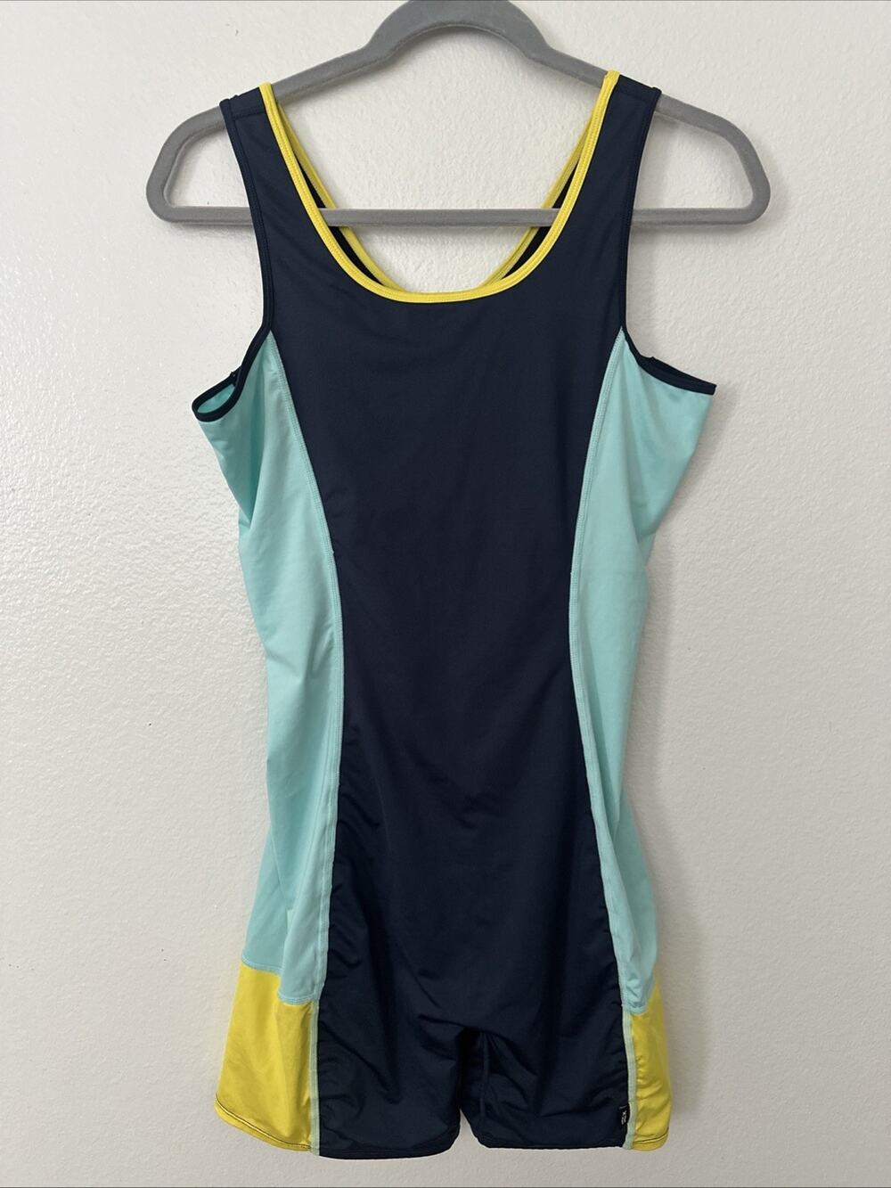Tomboy X Swim Racerback Unisuit Large Navy Turquoise Yellow Modest Swimsuit